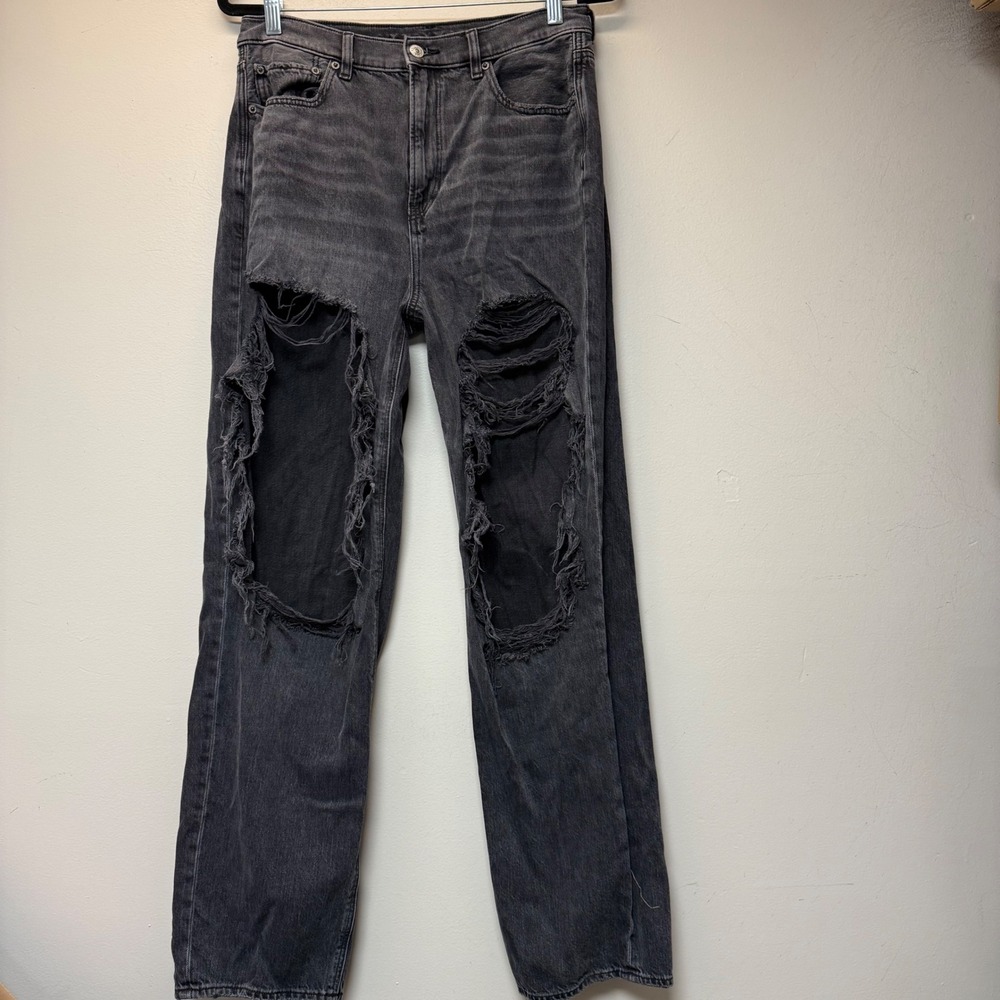 American Eagle Baggy Jeans Womens 10 Washed Black Excellent Distressed High Rise